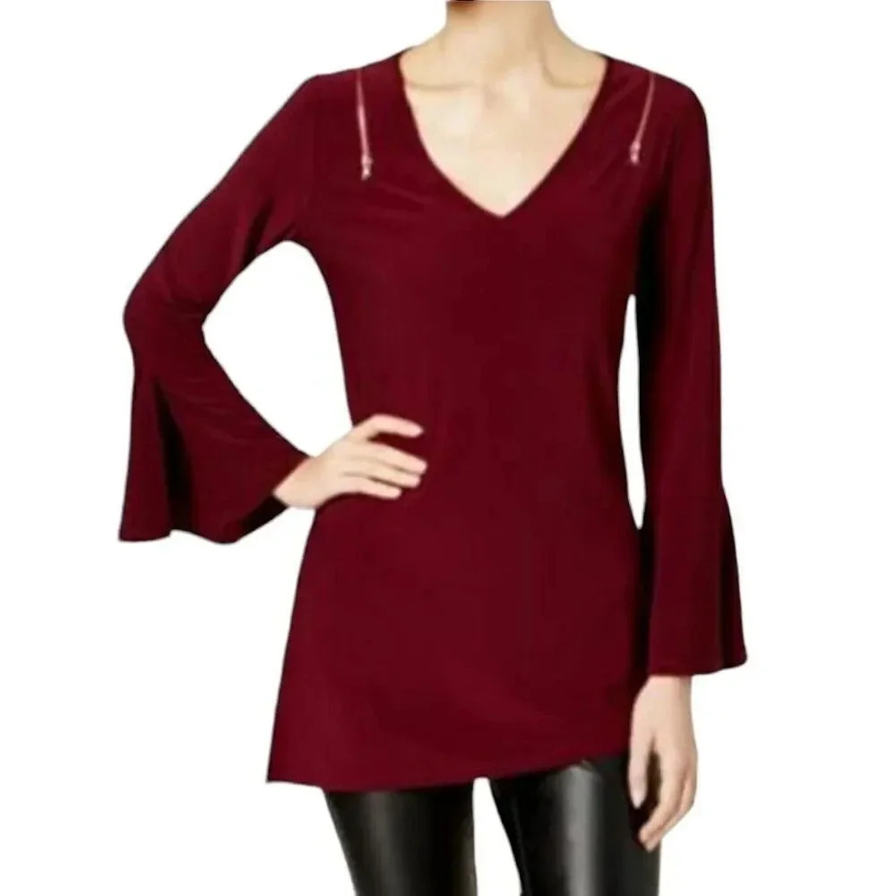 NEW Love Scarlett Plum Bell Sleeve Asymmetrical Hem Pullover Blouse Top Size PL